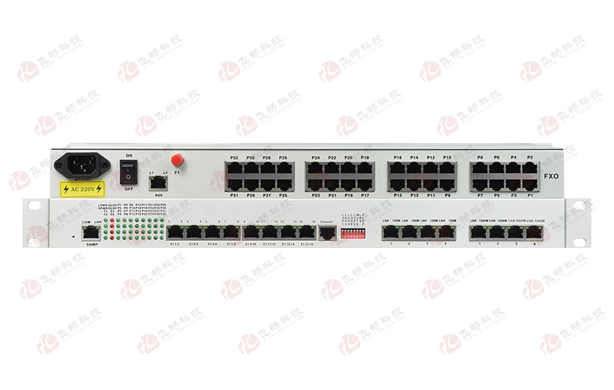 飛暢科技-32路電話+16E1+4FE+4GE+2路數(shù)據(jù)+SNMP+console（19英寸，物理隔離）電話光端機(jī)